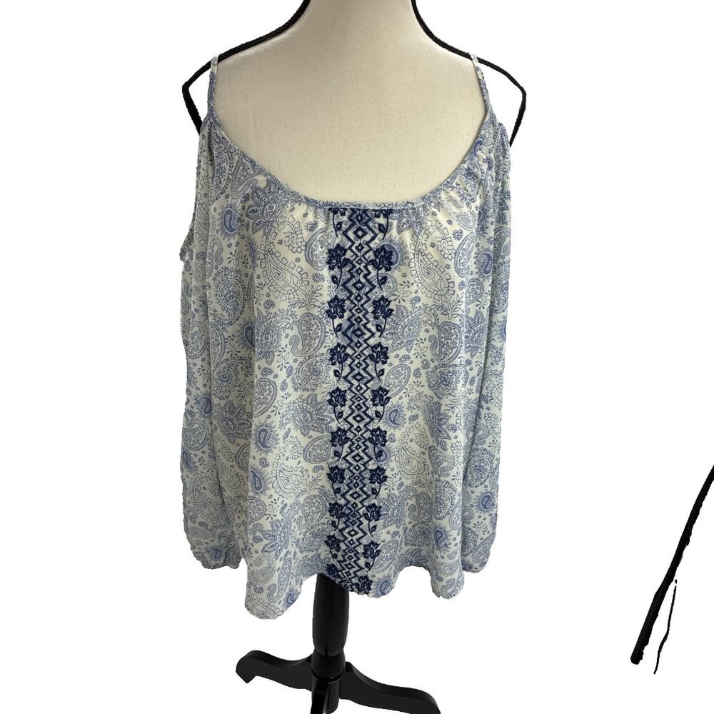 Rewind Womens XL Blue Paisley Boho Blouse Cold Shoulder Summer Spring